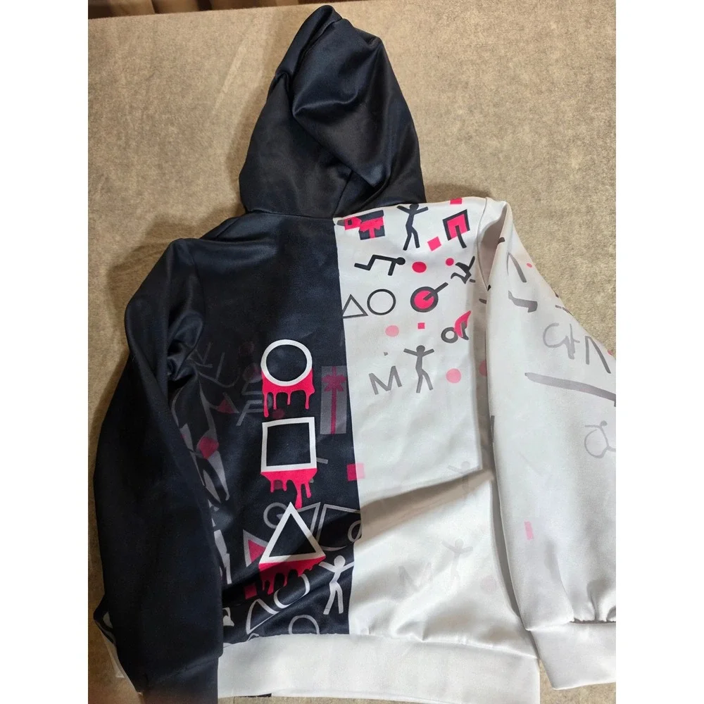 Squid Game Split Black White Graphic Zip Up Hoodie Kids 11-12Y Streetwear Jacket